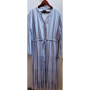 Duffield Lane Maxi Dress XL Blue&White Ticking Tiered Layers Lined Gold Buttons